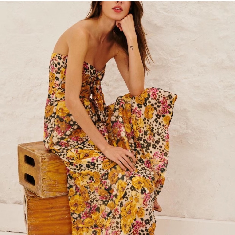 Ba&Sh Dalid Ocre Floral Strapless Tie Front Printed Midi Tiered Dress - Medium